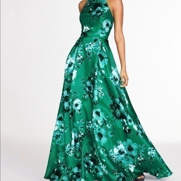 City Studio Green Floral Belted Halter Ballgown Prom Dress